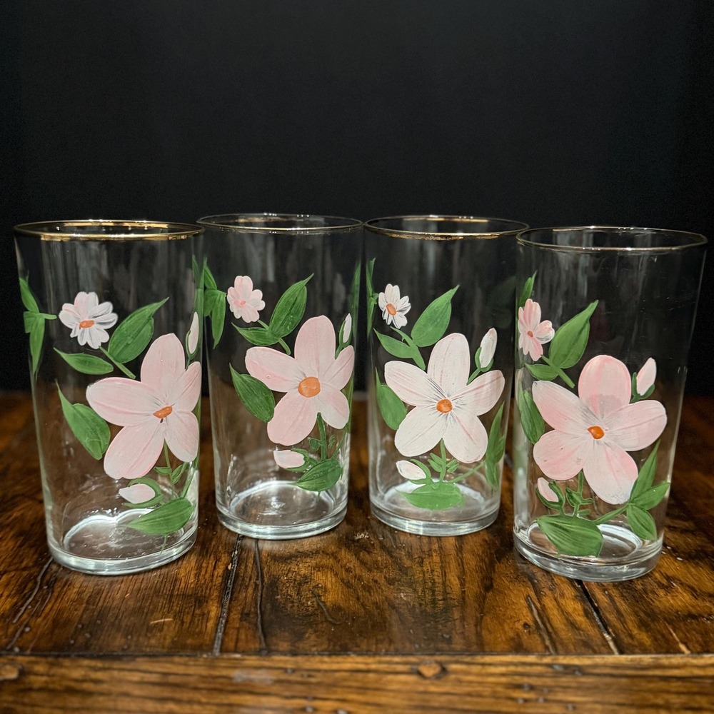 Vintage Federal Glass Desert Rose Tumblers Set of 4 Pink‎ Floral Gold Rim 10 oz